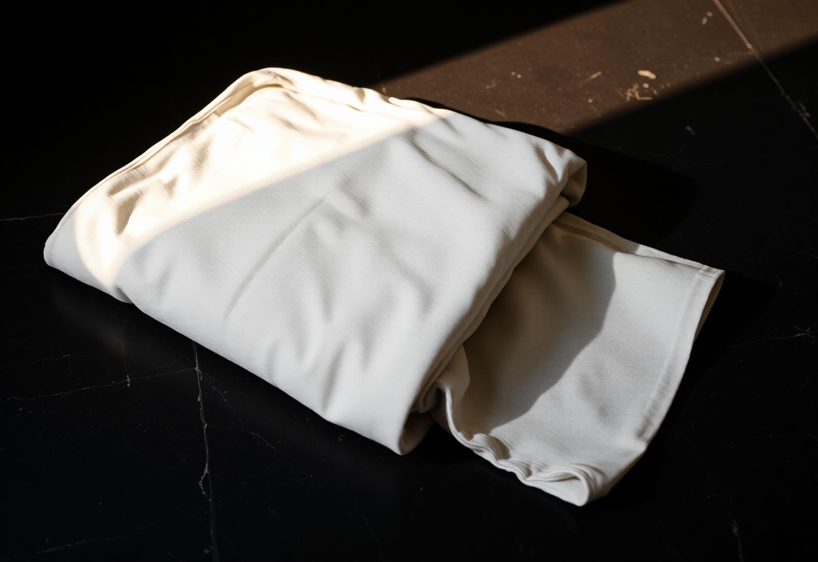 Folded ivory cotton garment in low light