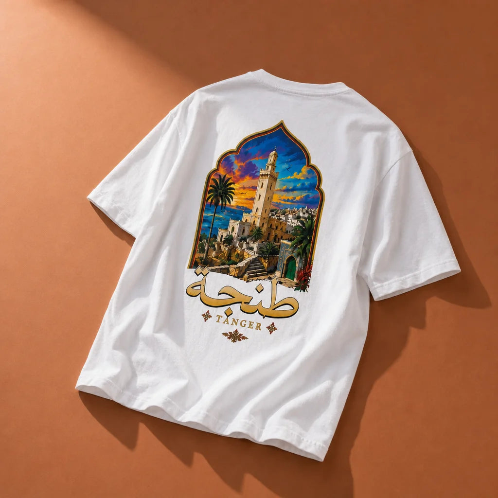 Minimal editorial product portrait, 1:1. Place the exact white Tanger 1996 T-shirt alone on a smooth